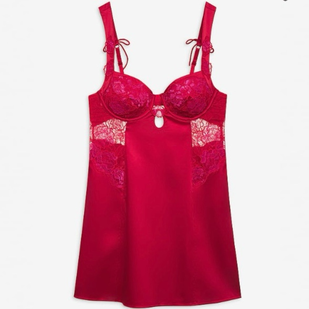 For Love & Lemons Cordelia Slip Dress in Rosey Red Scarlet Lace and bow